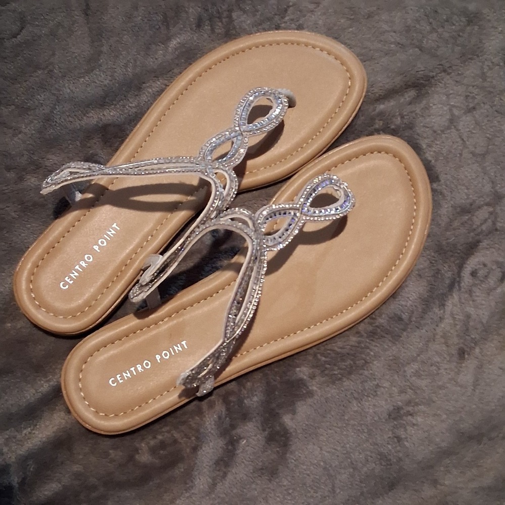 Centro Point Women's Braided T-Strap Thong Slip-On Sandals, Silver Tan Size 10